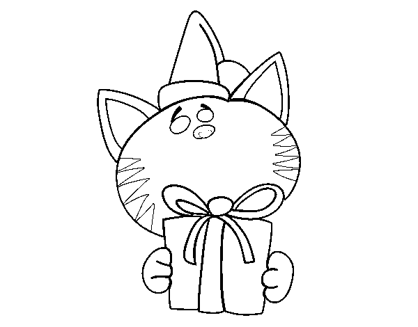 Cat with present coloring page