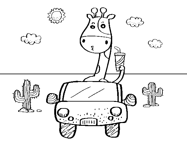 Giraffe driving coloring page