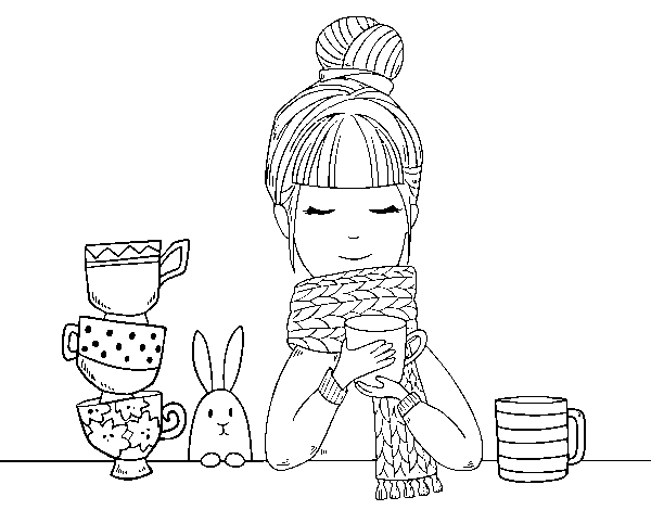 Girl with scarf and cup of tea coloring page