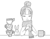 Girl with scarf and cup of tea coloring page