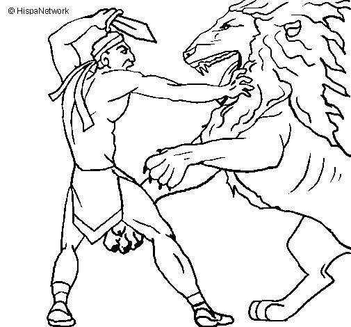 Gladiator versus a lion coloring page