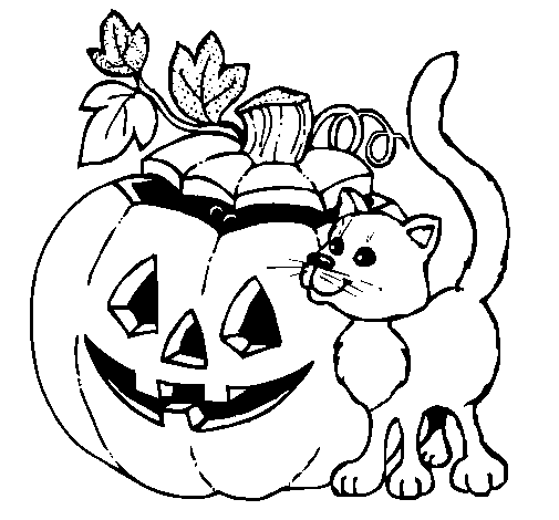 Pumpkin and cat coloring page